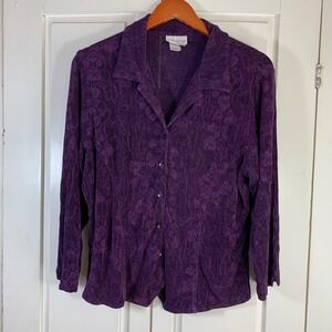 Coldwater Creek Purple Floral Jacquard Button Down Blouse Long Sleeve Womens L